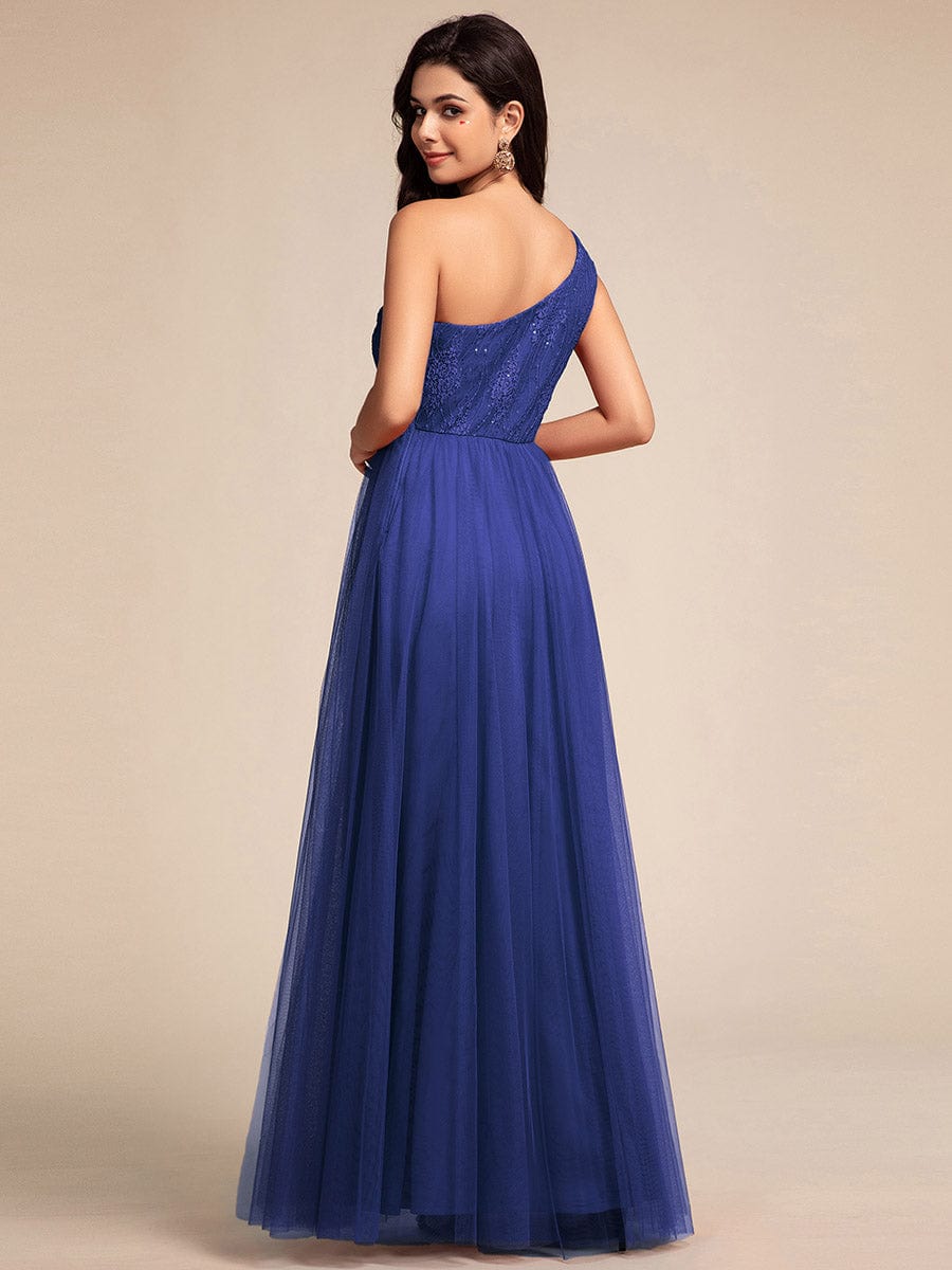 One Shoulder Tulle Maxi Bridesmaid Dress with Embellished Bodice #color_Sapphire Blue