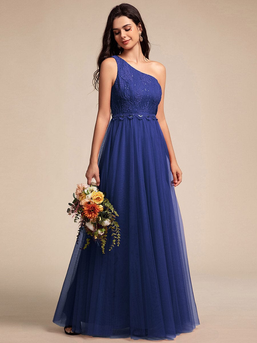 One Shoulder Tulle Maxi Bridesmaid Dress with Embellished Bodice #color_Sapphire Blue