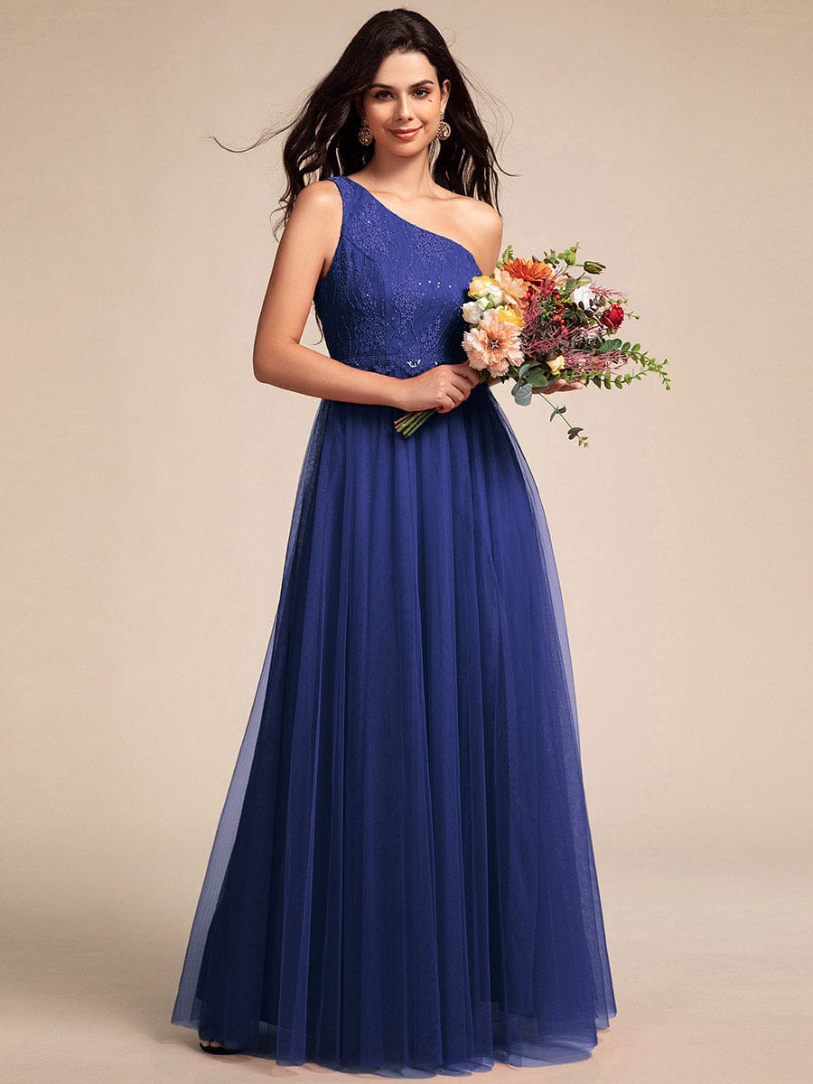 One Shoulder Tulle Maxi Bridesmaid Dress with Embellished Bodice #color_Sapphire Blue