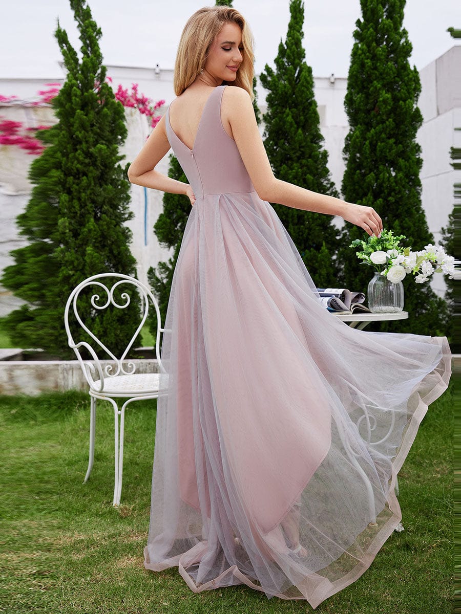 Sleeveless V-Neck A-Line High-Low Embroidered Applique Tulle Evening Dress