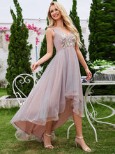 Sleeveless V-Neck A-Line High-Low Embroidered Applique Tulle Evening Dress #color_Pink