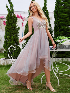 Sleeveless V-Neck A-Line High-Low Embroidered Applique Tulle Evening Dress