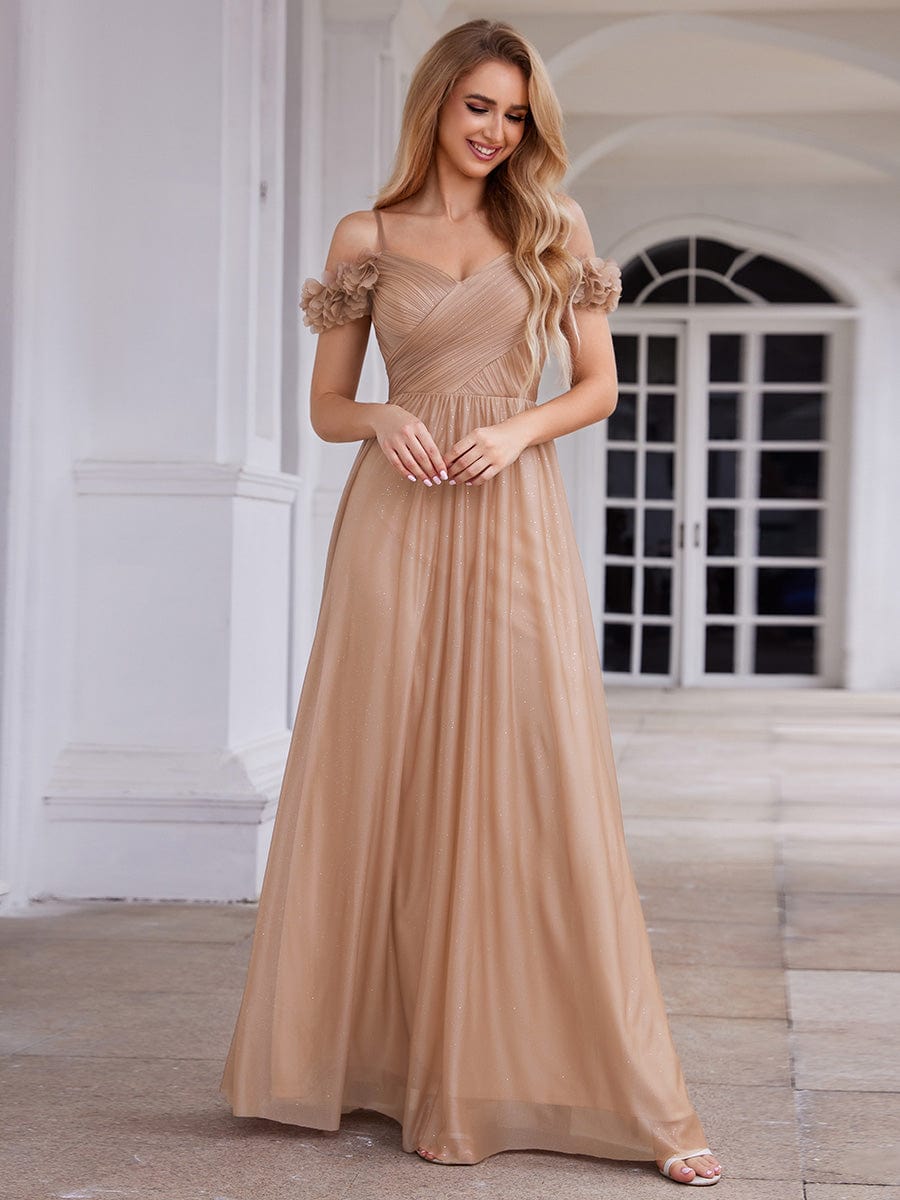 Sparkling V-Neck Cold-Shoulder Pleated Evening Dress with Floral Details #color_Rose Gold