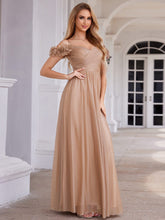Sparkling V-Neck Cold-Shoulder Pleated Evening Dress with Floral Details #color_Rose Gold