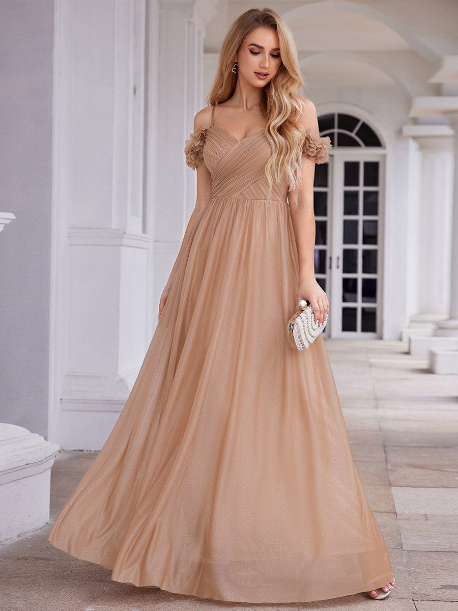 Sparkling V-Neck Cold-Shoulder Pleated Evening Dress with Floral Details #color_Rose Gold