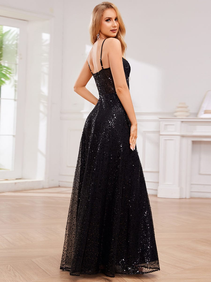 Spaghetti Strap Corset Sequin A-Line Evening Maxi Dress #color_Black