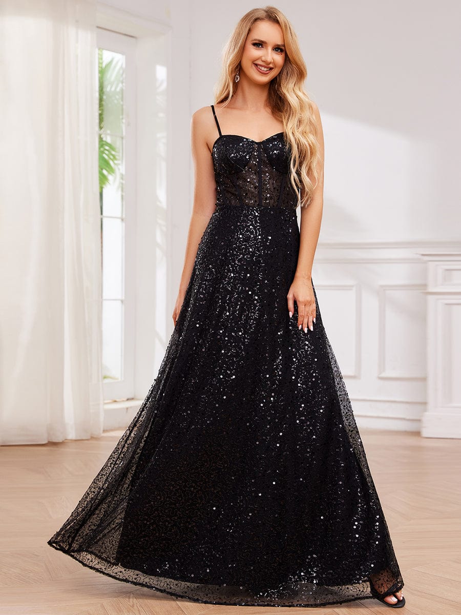 Spaghetti Strap Corset Sequin A-Line Evening Maxi Dress #color_Black