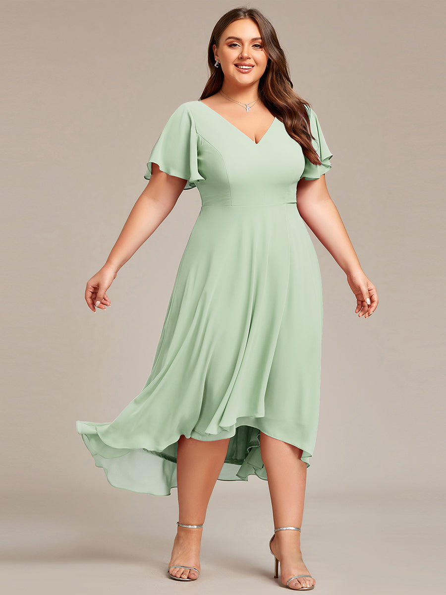 Plus Size High Low Chiffon Wedding Guest Dress with V-Neck and Ruffle Sleeves #Color_Mint Green