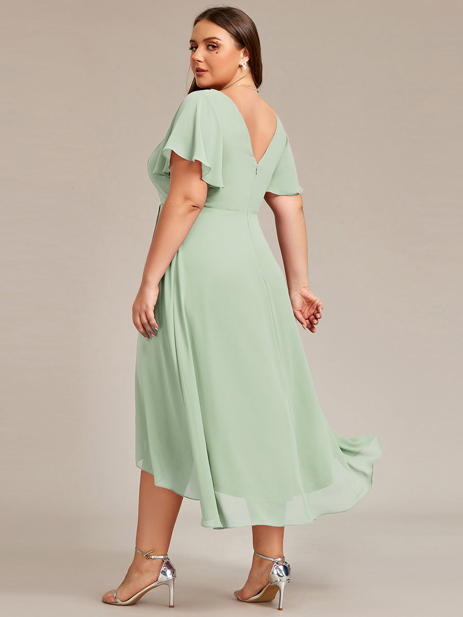 Plus Size High Low Chiffon Wedding Guest Dress with V-Neck and Ruffle Sleeves #Color_Mint Green