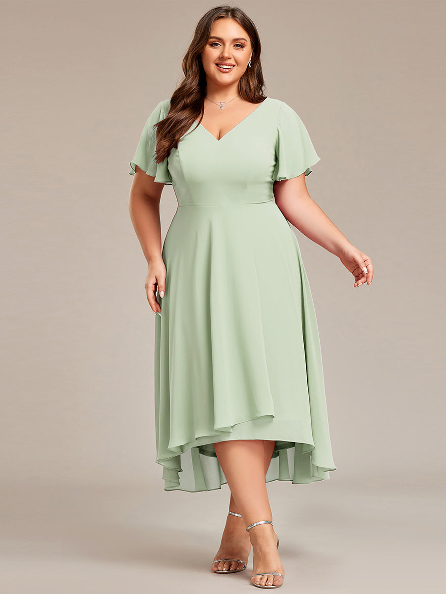 Plus Size High Low Chiffon Wedding Guest Dress with V-Neck and Ruffle Sleeves #Color_Mint Green