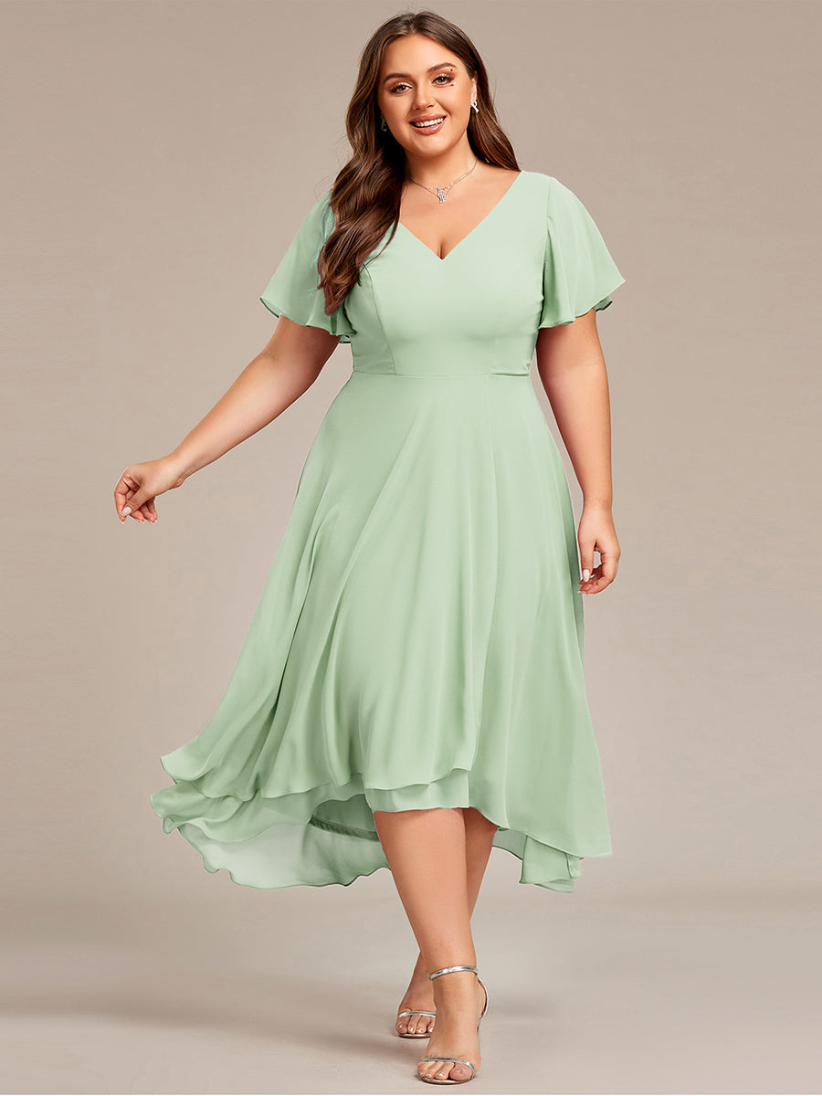 Plus Size High Low Chiffon Wedding Guest Dress with V-Neck and Ruffle Sleeves #Color_Mint Green