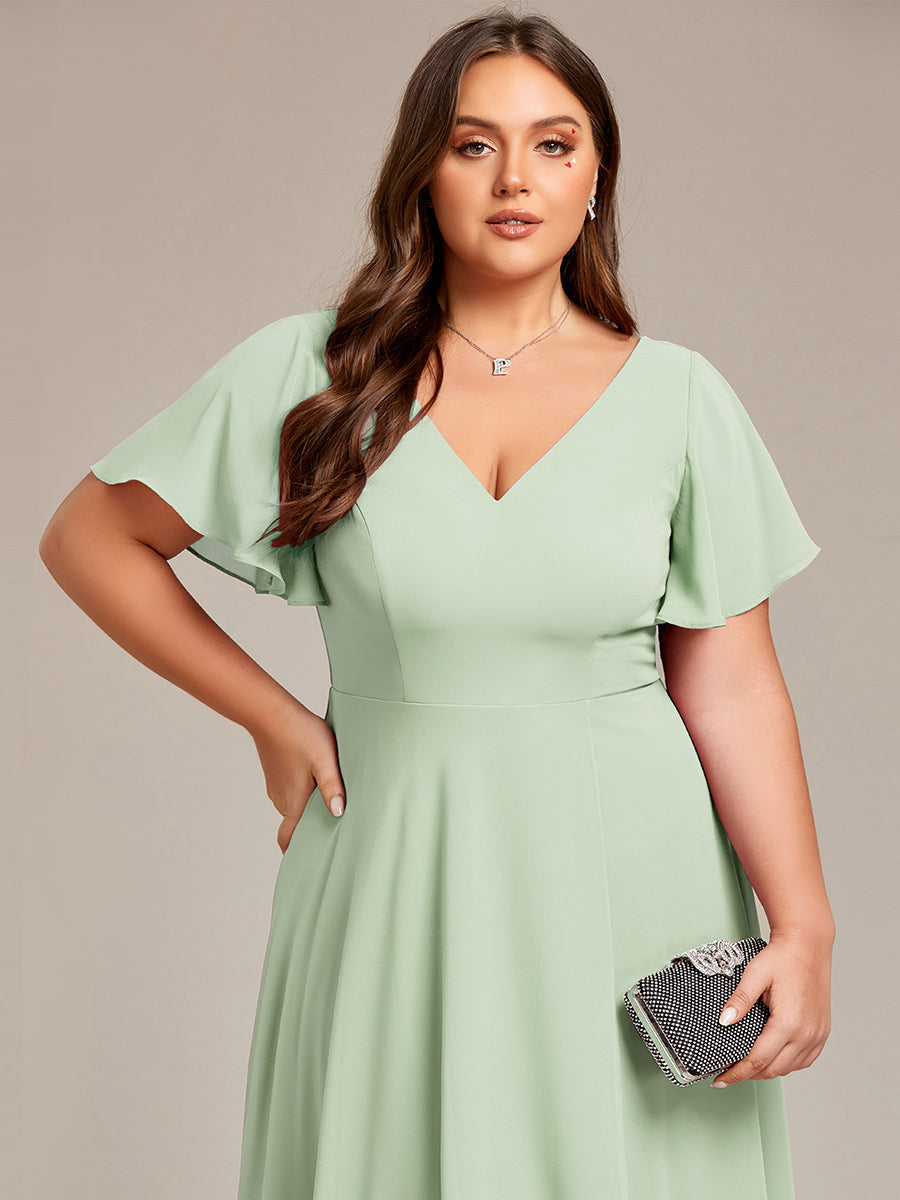 Plus Size High Low Chiffon Wedding Guest Dress with V-Neck and Ruffle Sleeves #Color_Mint Green