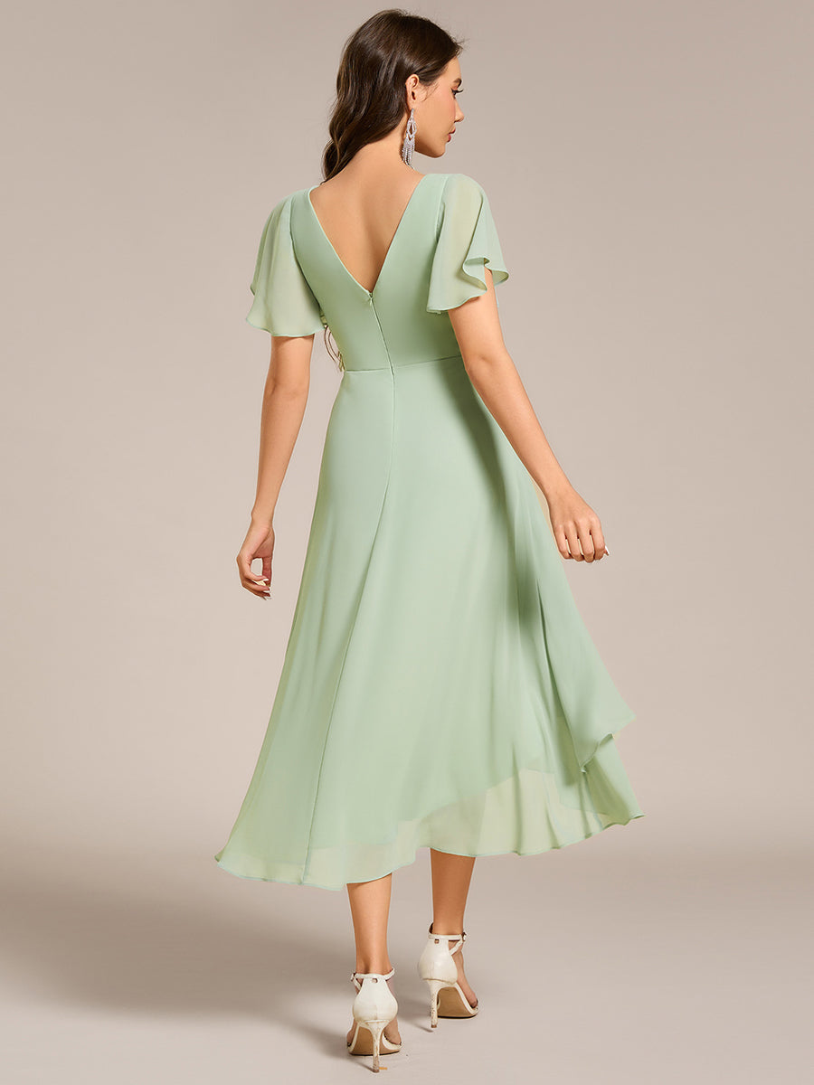 High Low Chiffon Wedding Guest Dress with V-Neck and Ruffle Sleeves #Color_Mint Green