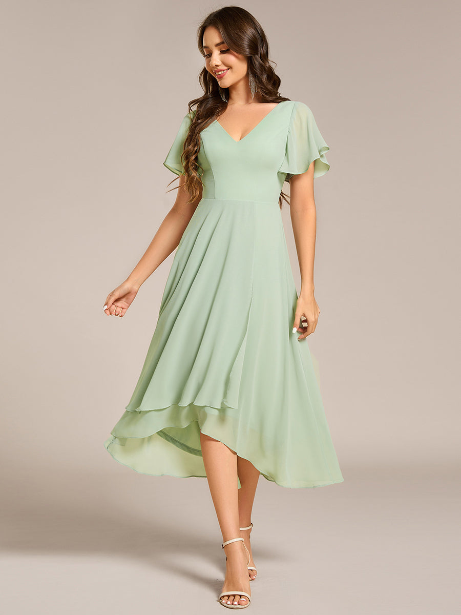 High Low Chiffon Wedding Guest Dress with V-Neck and Ruffle Sleeves #Color_Mint Green