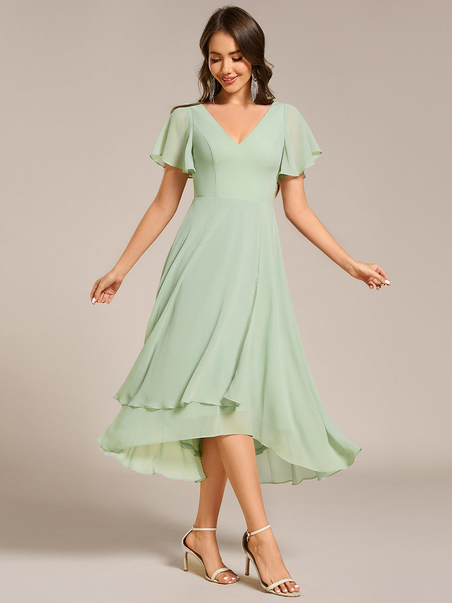 High Low Chiffon Wedding Guest Dress with V-Neck and Ruffle Sleeves #Color_Mint Green