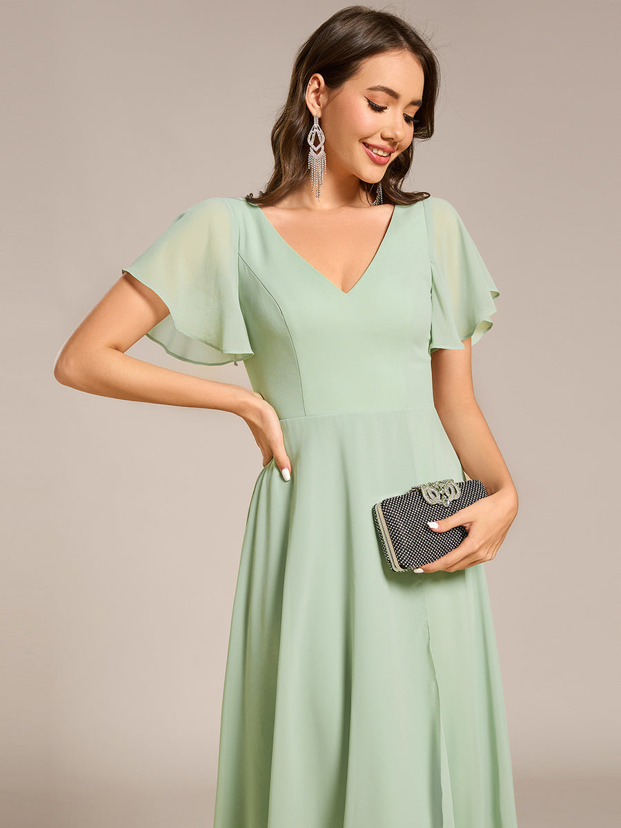 High Low Chiffon Wedding Guest Dress with V-Neck and Ruffle Sleeves #Color_Mint Green