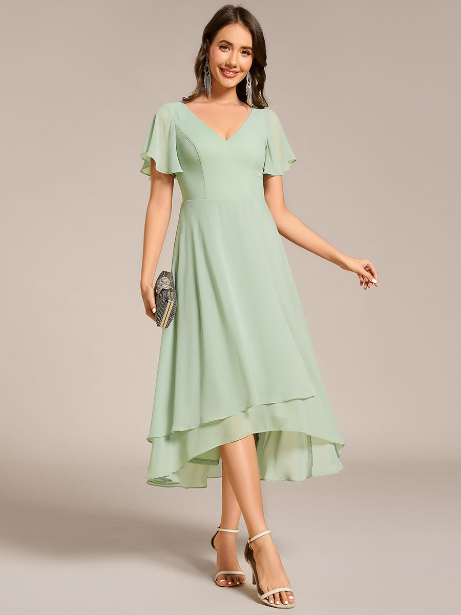 High Low Chiffon Wedding Guest Dress with V-Neck and Ruffle Sleeves #Color_Mint Green