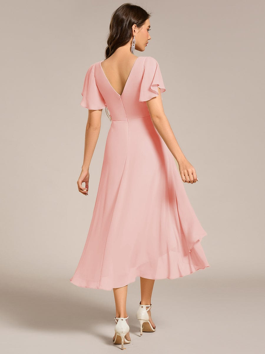 High Low Chiffon Wedding Guest Dress with V-Neck and Ruffle Sleeves #Color_Pink