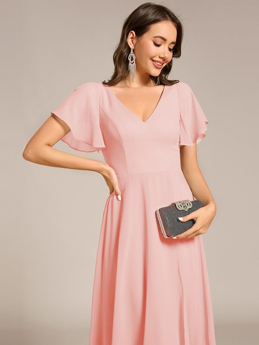 High Low Chiffon Wedding Guest Dress with V-Neck and Ruffle Sleeves #Color_Pink