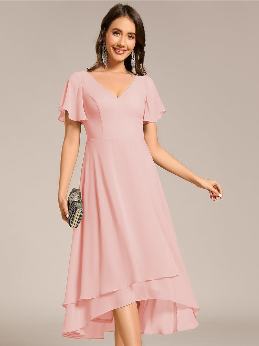 High Low Chiffon Wedding Guest Dress with V-Neck and Ruffle Sleeves #Color_Pink