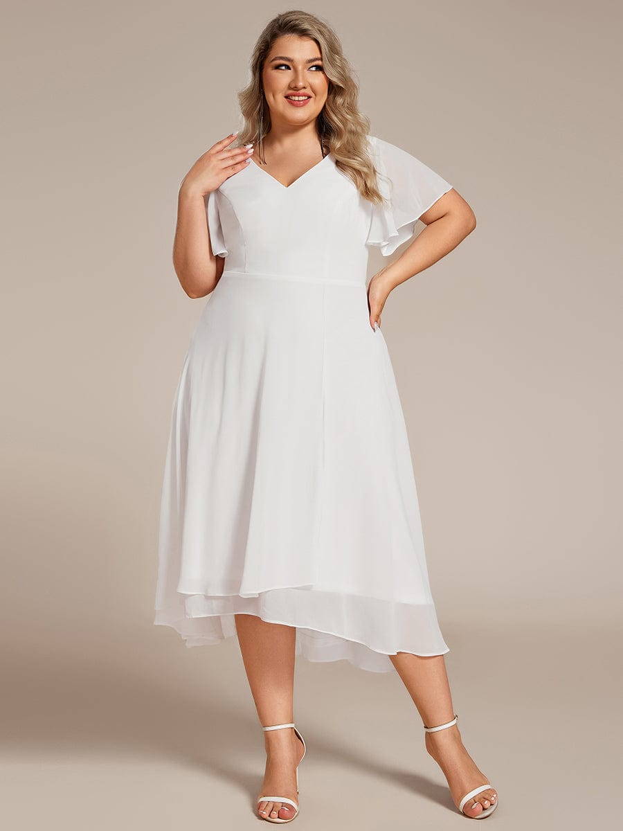 Plus Size High Low Chiffon Wedding Guest Dress with V-Neck and Ruffle Sleeves #Color_White