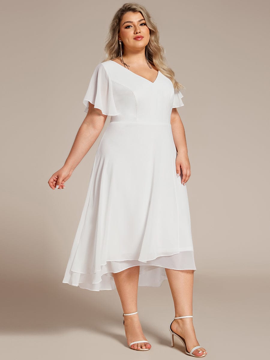 Plus Size High Low Chiffon Wedding Guest Dress with V-Neck and Ruffle Sleeves #Color_White