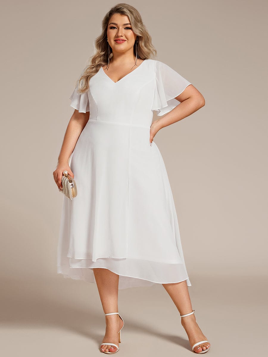 Plus Size High Low Chiffon Wedding Guest Dress with V-Neck and Ruffle Sleeves #Color_White
