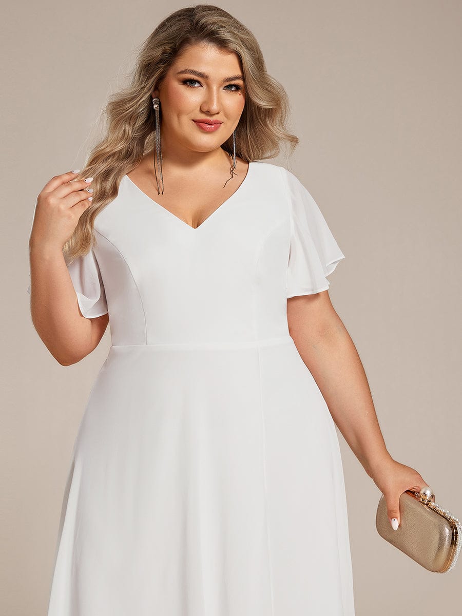 Plus Size High Low Chiffon Wedding Guest Dress with V-Neck and Ruffle Sleeves #Color_White