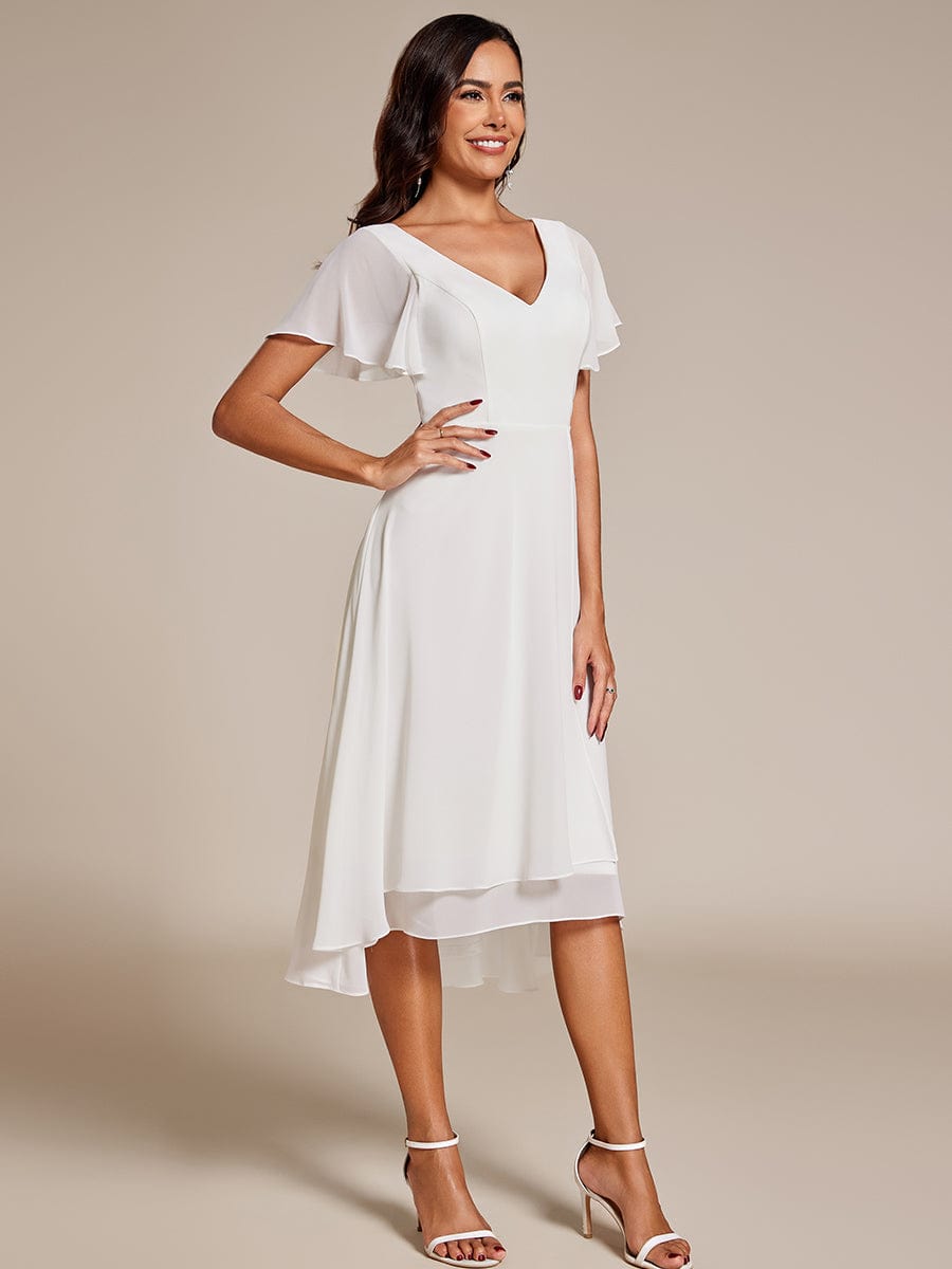 High Low Chiffon Wedding Guest Dress with V-Neck and Ruffle Sleeves #Color_White