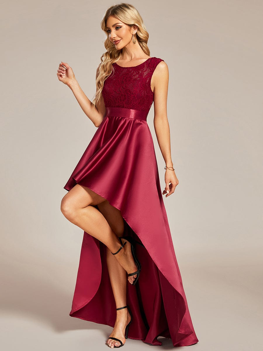 Elegant Sleeveless High-low Lace Top Wedding Guest Dress #color_Burgundy