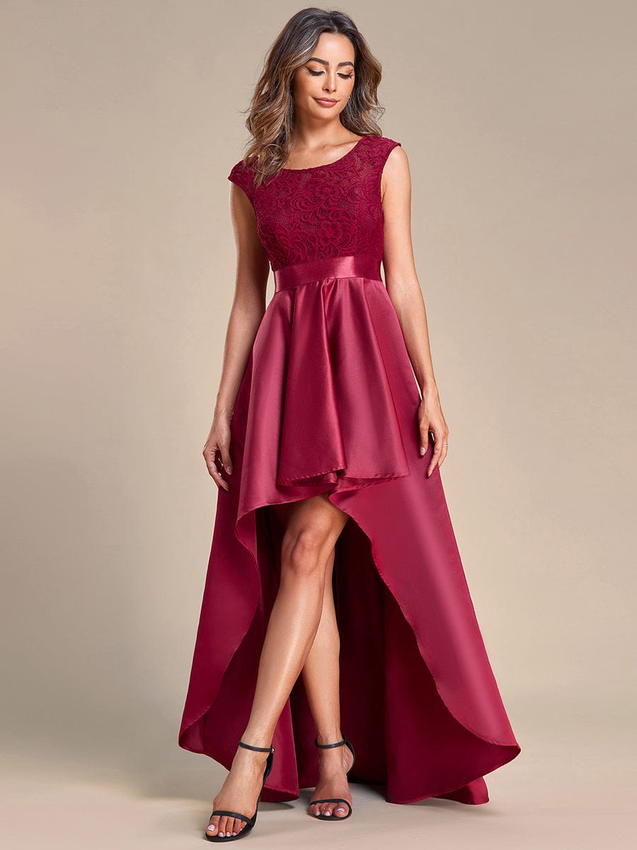 Elegant Sleeveless High-low Lace Top Wedding Guest Dress #color_Burgundy