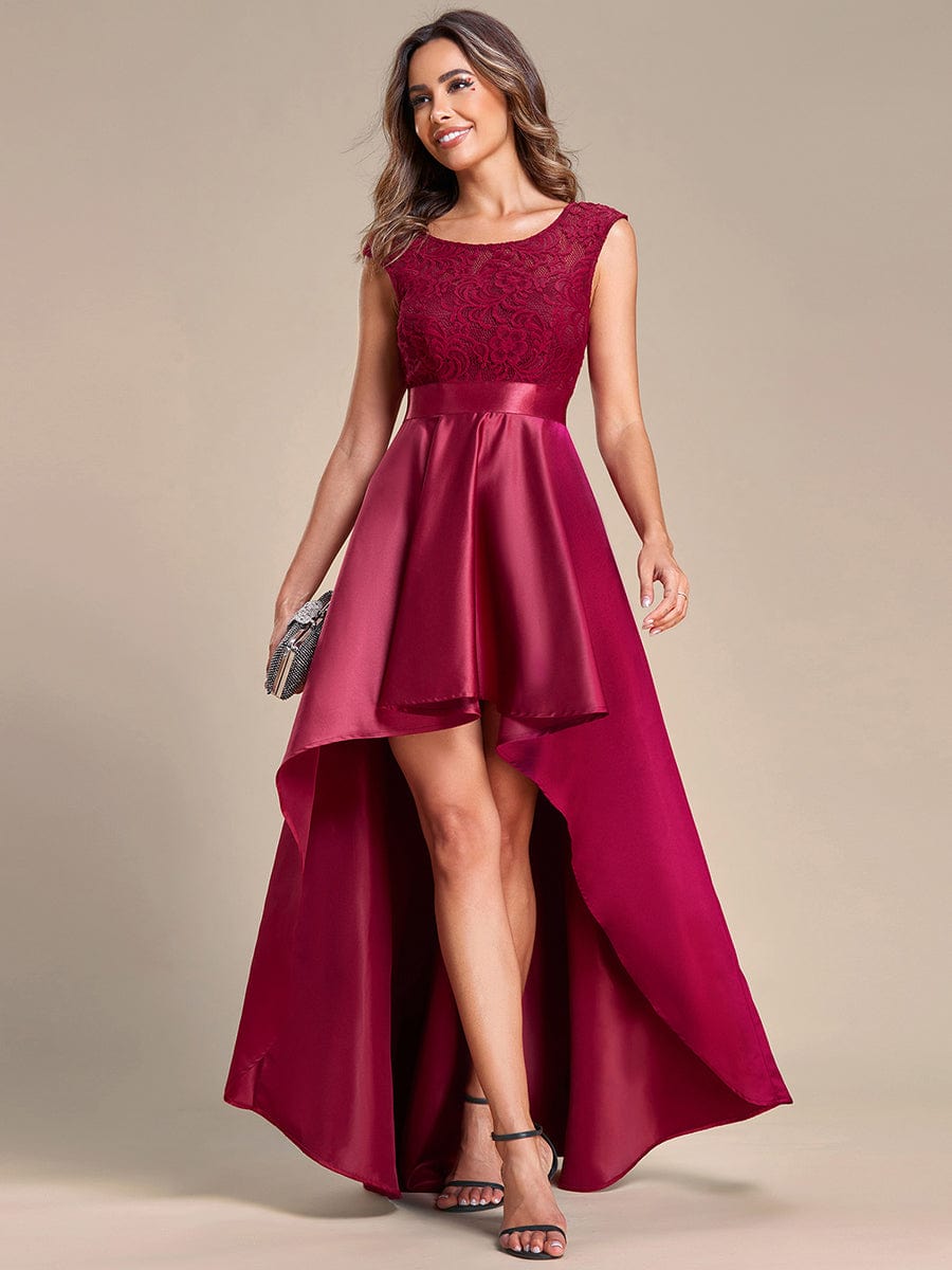 Elegant Sleeveless High-low Lace Top Wedding Guest Dress #color_Burgundy