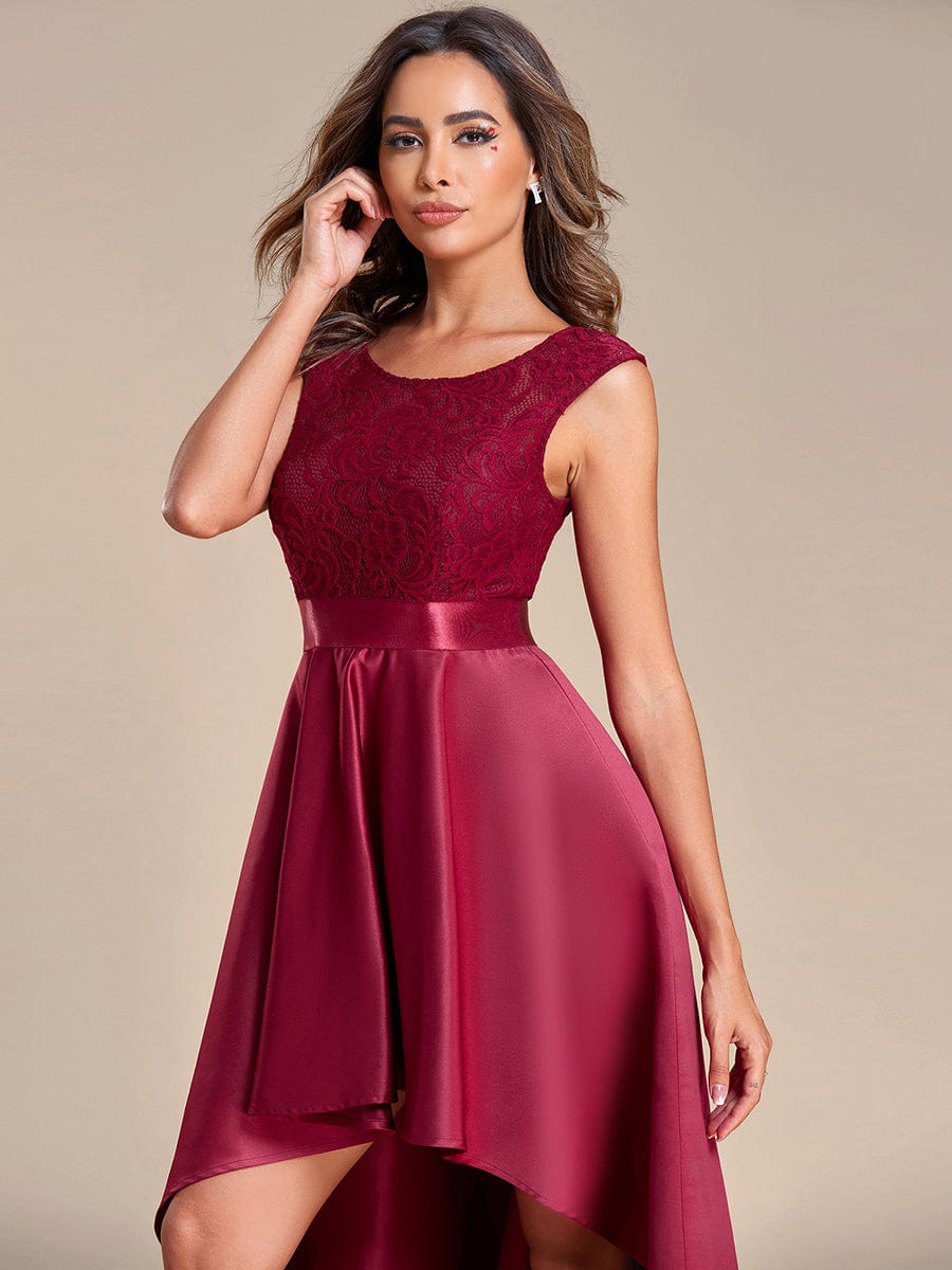 Elegant Sleeveless High-low Lace Top Wedding Guest Dress #color_Burgundy