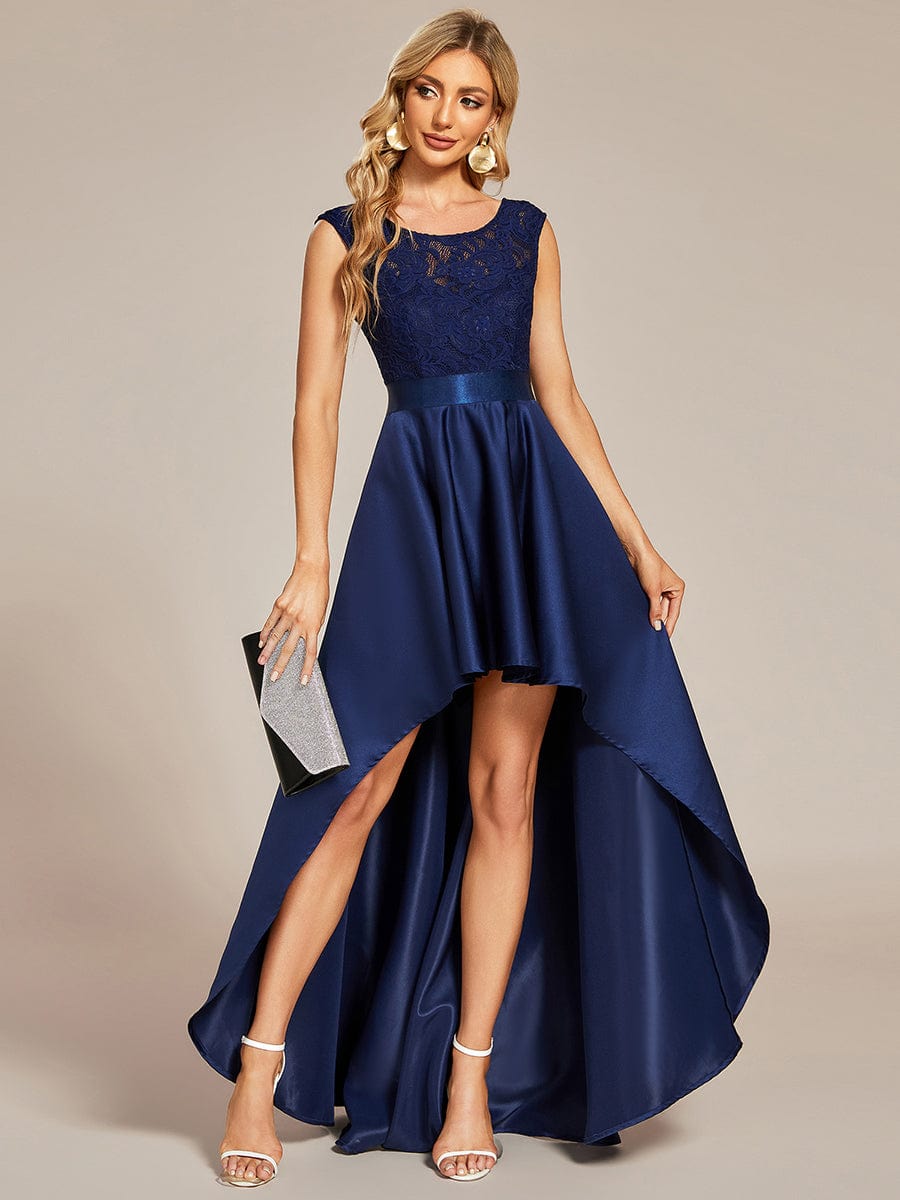 Elegant Sleeveless High-low Lace Top Wedding Guest Dress #color_Navy Blue