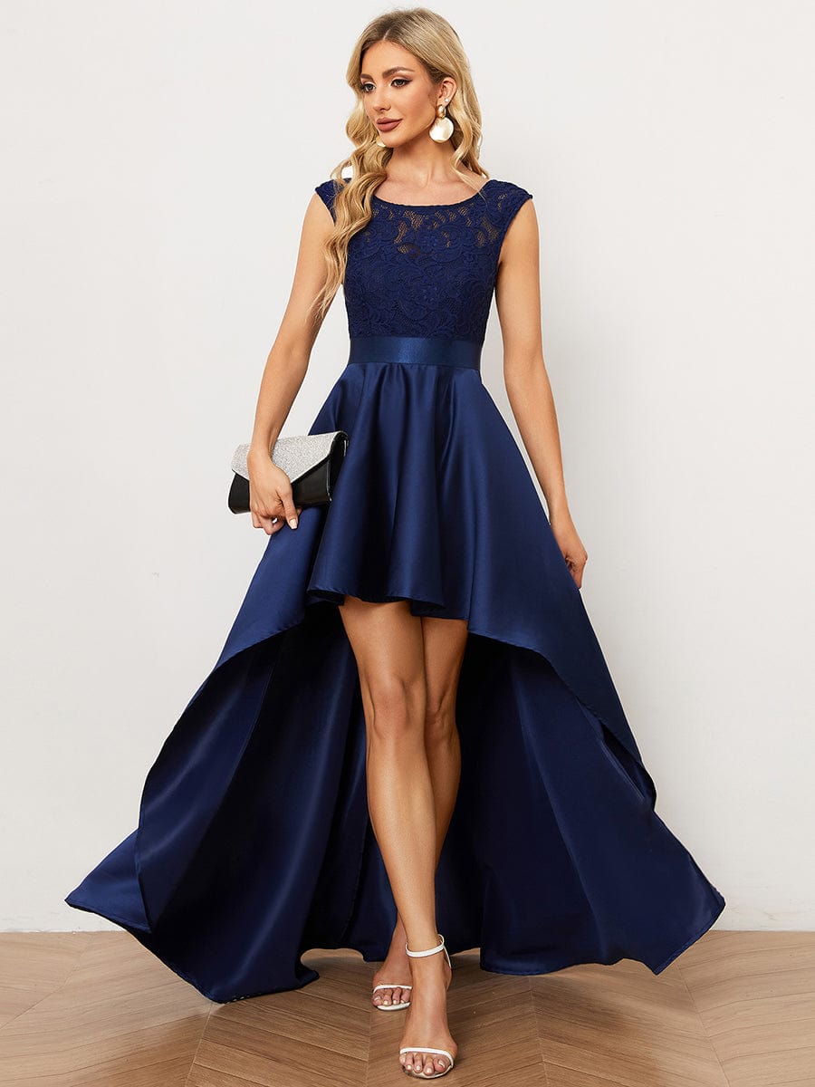 Elegant Sleeveless High-low Lace Top Wedding Guest Dress #color_Navy Blue