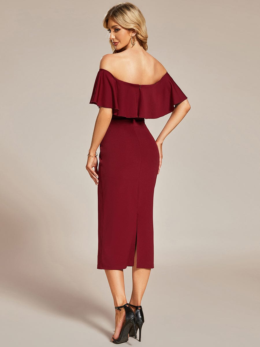 Off The Shoulder Bodycon Tea Length Wedding Guest Dress #color_Burgundy