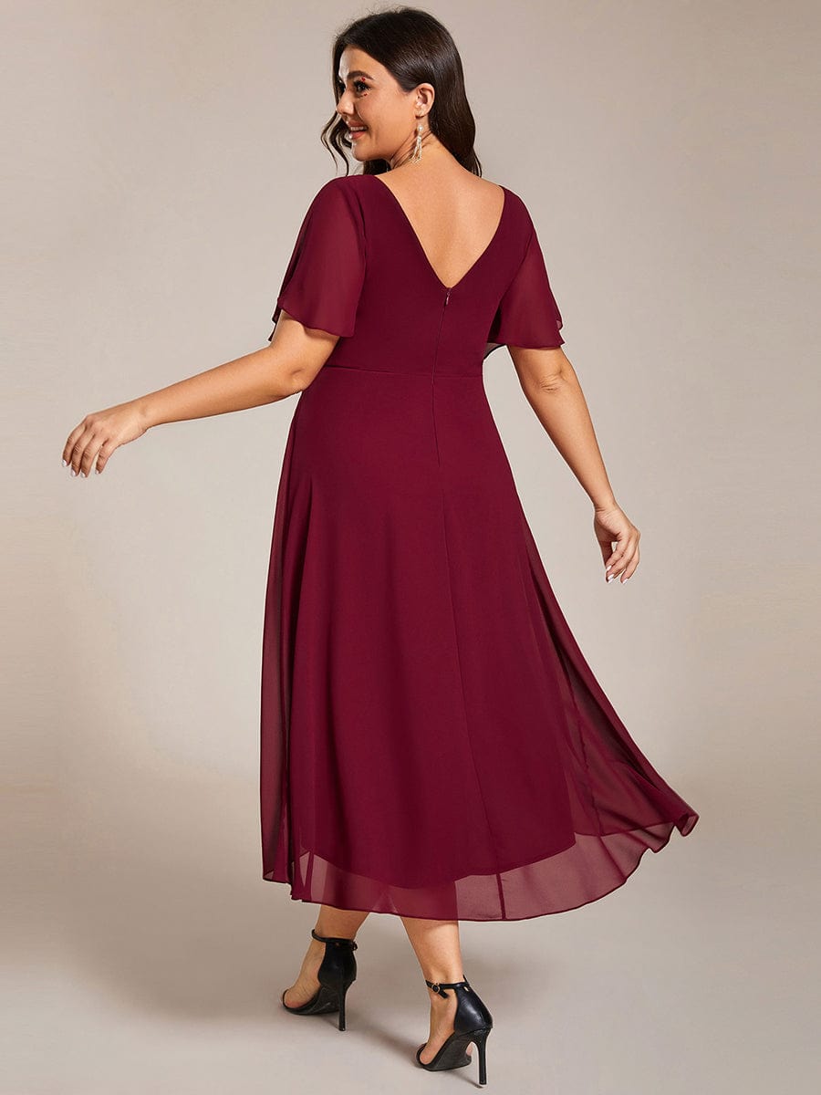 Chic V Neck High-Low Wedding Guest Dress #color_Burgundy