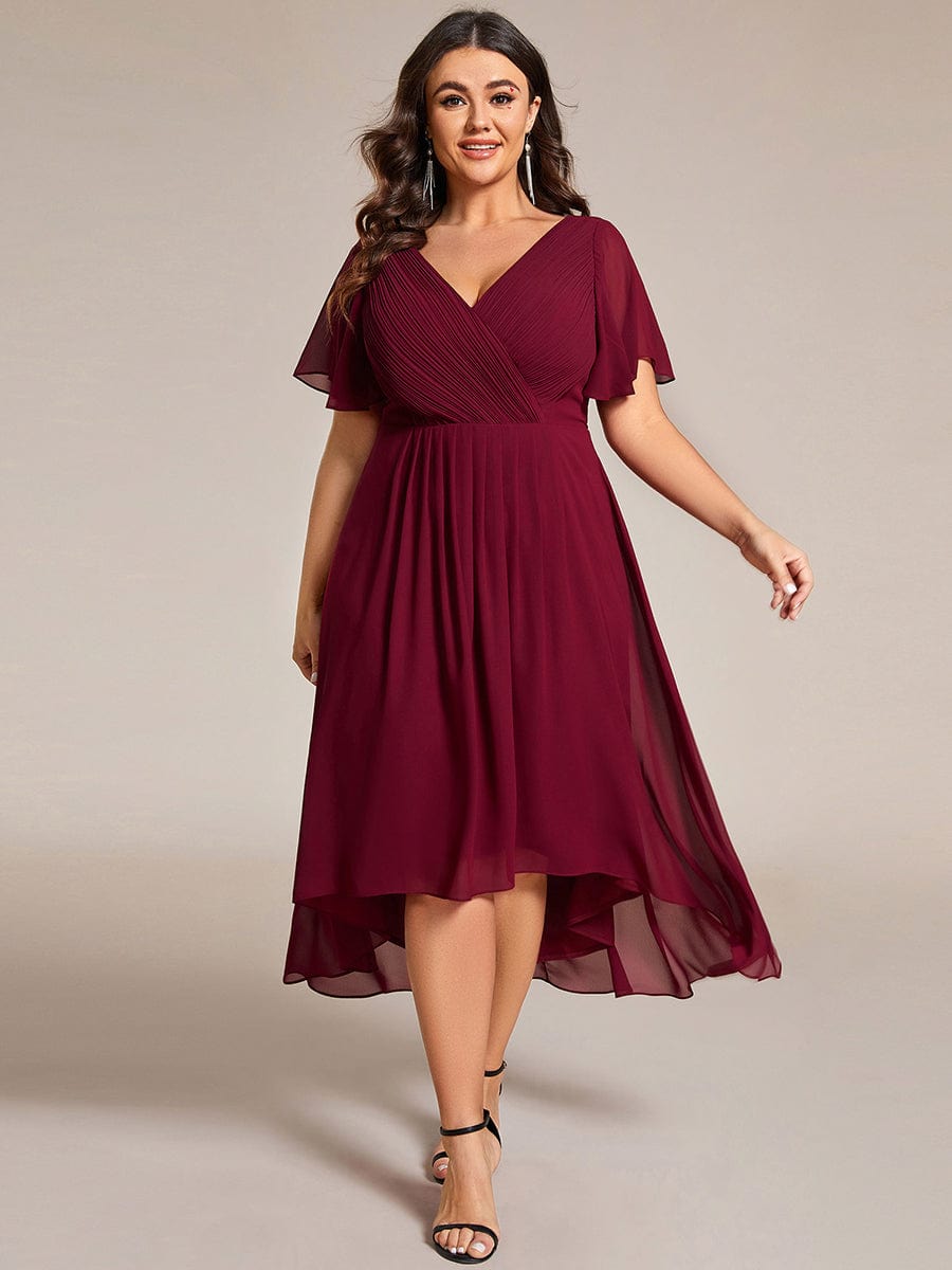 Custom Size Chic V Neck High-Low Wedding Guest Dress #color_Burgundy