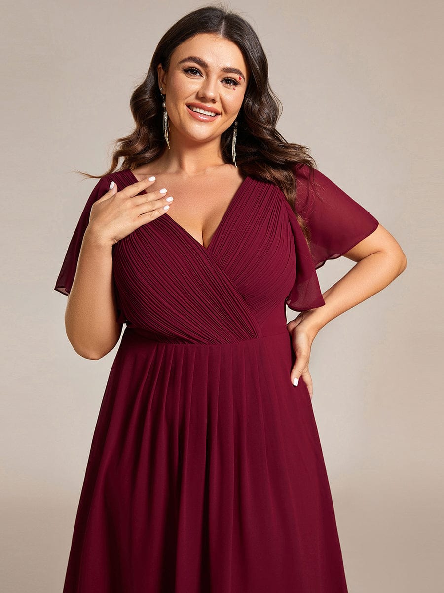 Chic V Neck High-Low Wedding Guest Dress #color_Burgundy