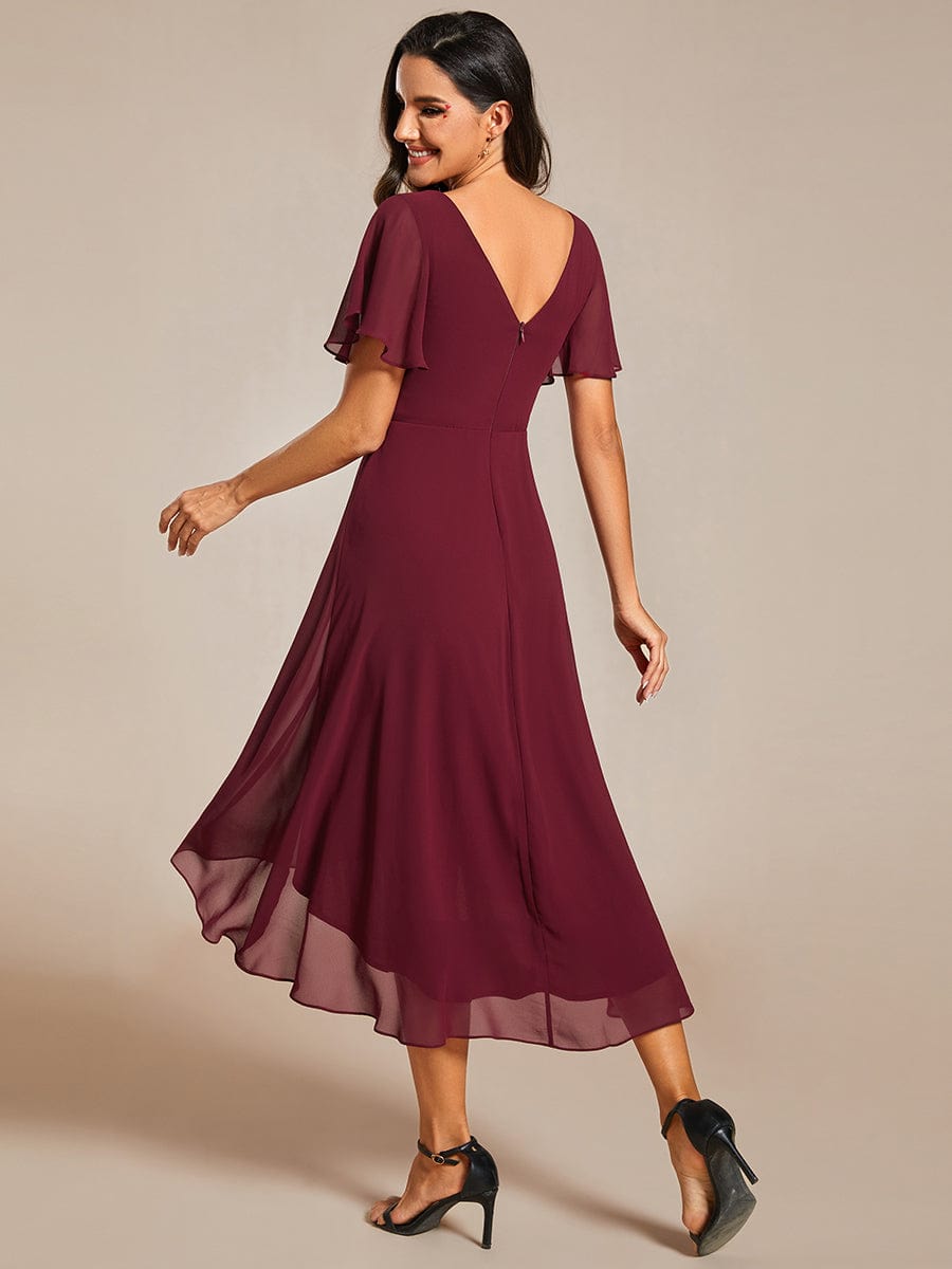 Chiffon Pleated V Neck High-Low Bridesmaid Dress #color_Burgundy