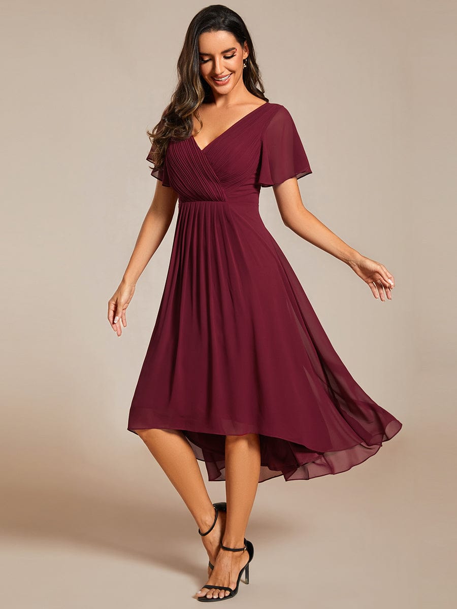 Chic V Neck High-Low Wedding Guest Dress #color_Burgundy