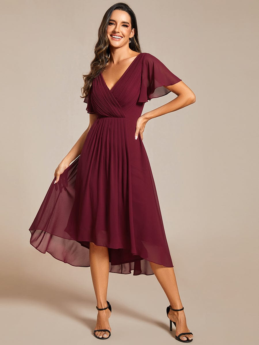 Custom Size Chic V Neck High-Low Wedding Guest Dress #color_Burgundy