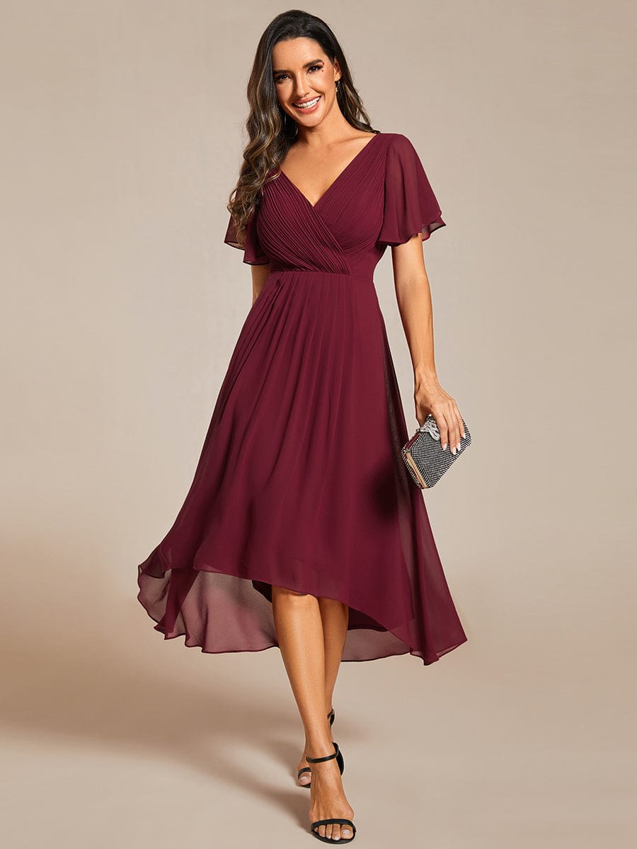 Chiffon Pleated V Neck High-Low Bridesmaid Dress #color_Burgundy