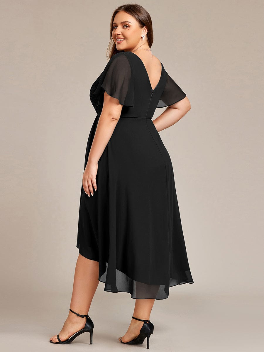 Custom Size Chic V Neck High-Low Wedding Guest Dress #color_Black