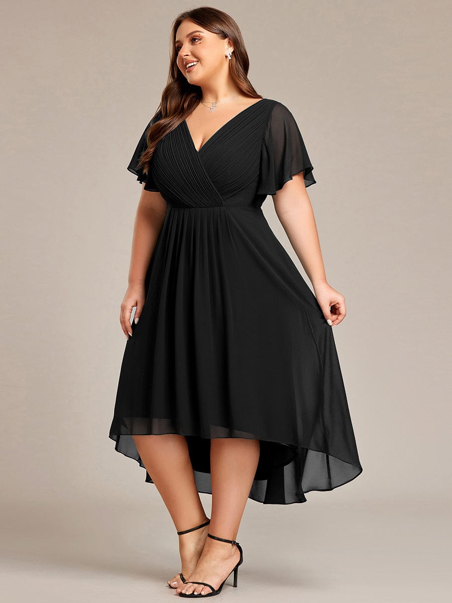 Chiffon Pleated V Neck High-Low Bridesmaid Dress #color_Black