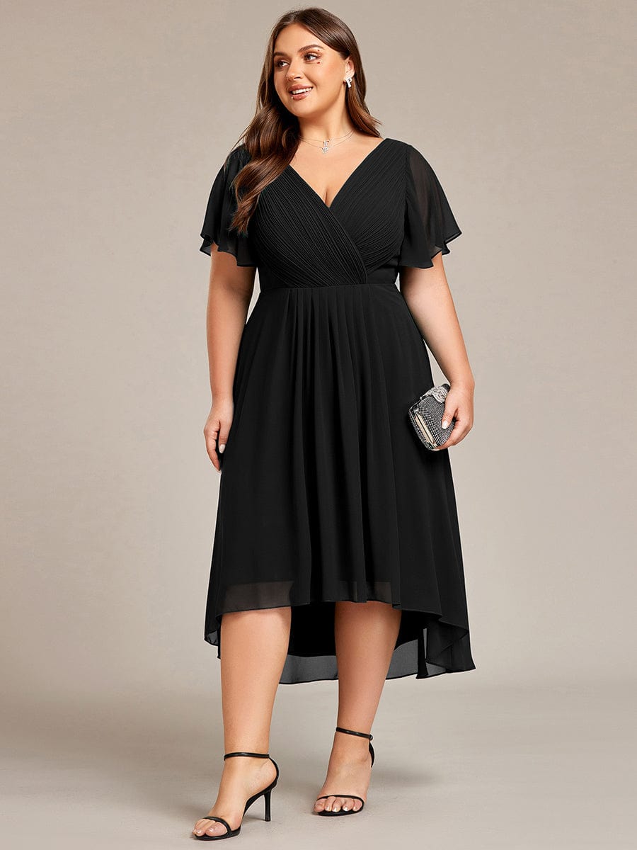 Chiffon Pleated V Neck High-Low Bridesmaid Dress #color_Black