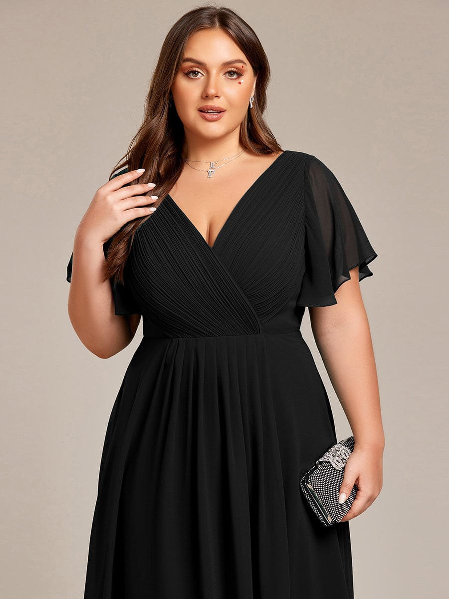 Chiffon Pleated V Neck High-Low Bridesmaid Dress #color_Black