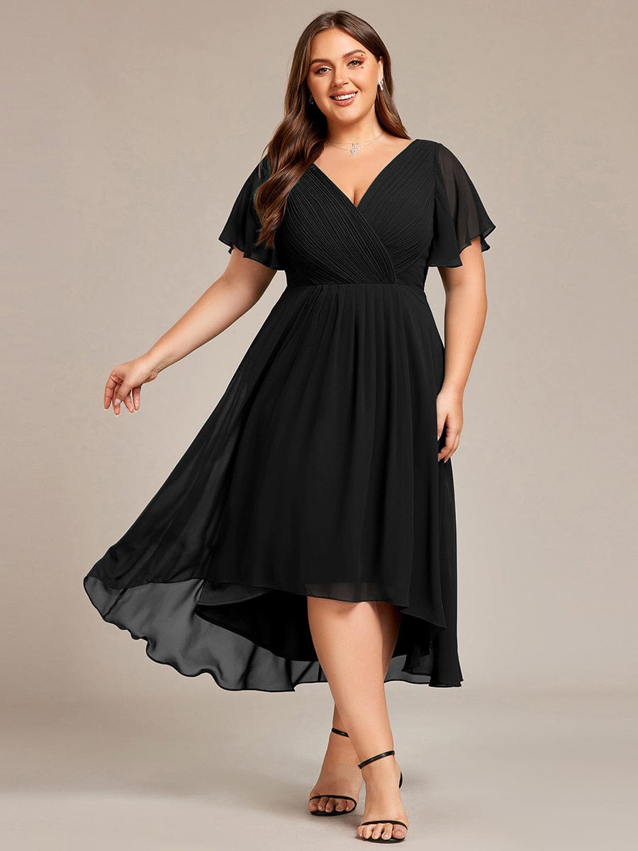 Chiffon Pleated V Neck High-Low Bridesmaid Dress #color_Black