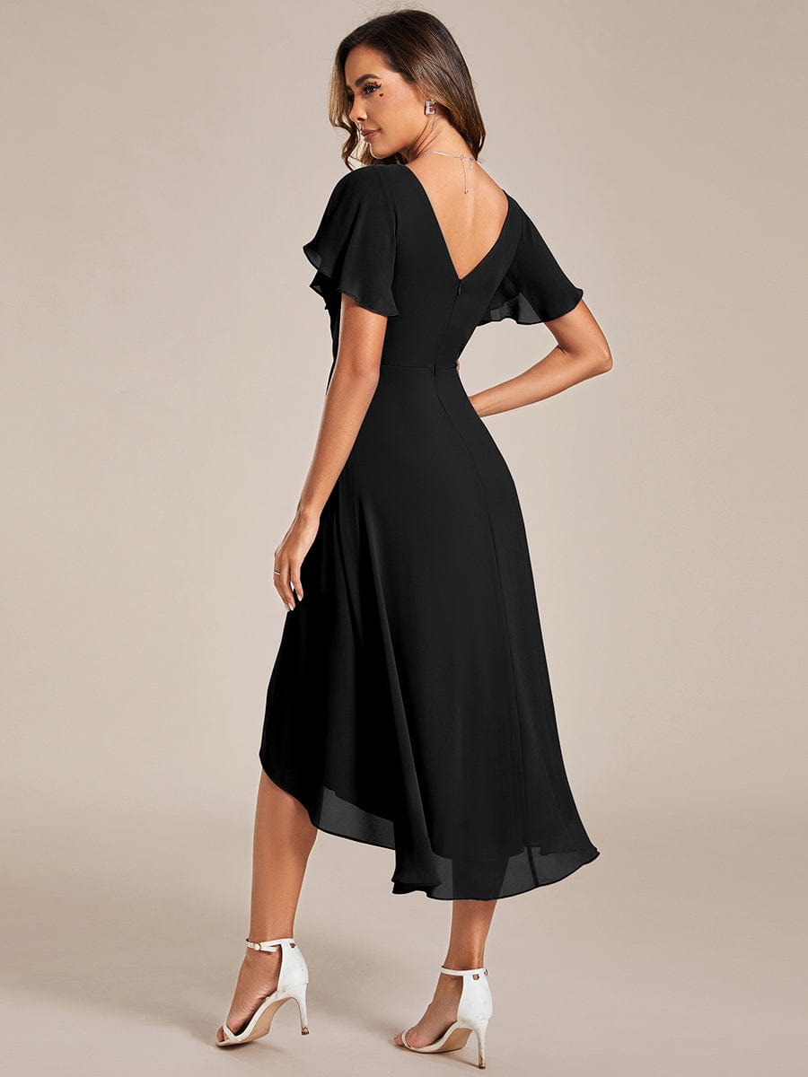 Chiffon Pleated V Neck High-Low Bridesmaid Dress #color_Black