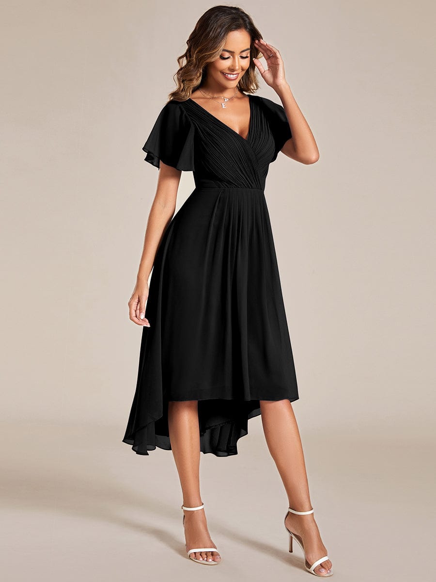 Chiffon Pleated V Neck High-Low Bridesmaid Dress #color_Black